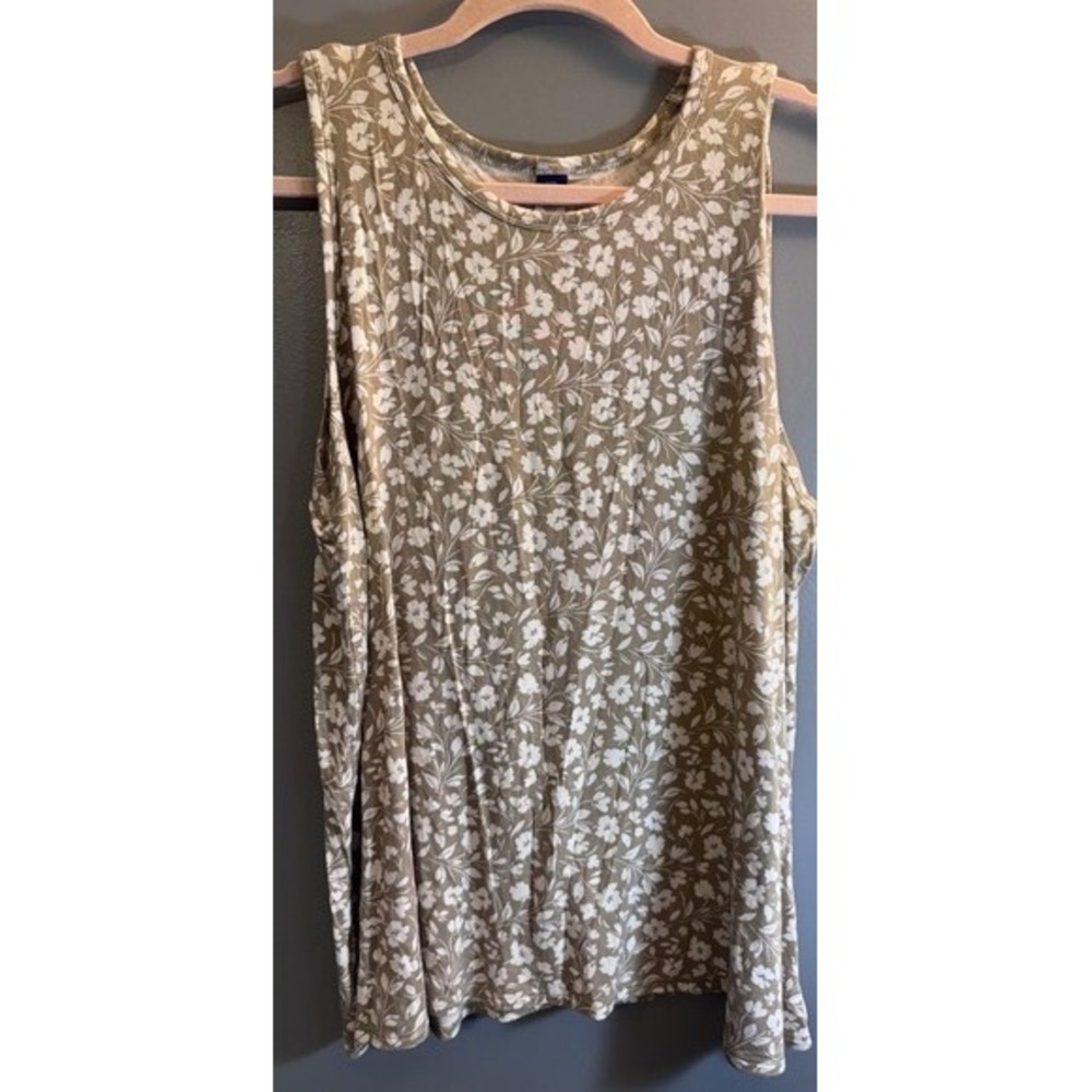 Old Navy Luxe Womens Floral Tank Top Tan White Sleeveless Crew Neck Large